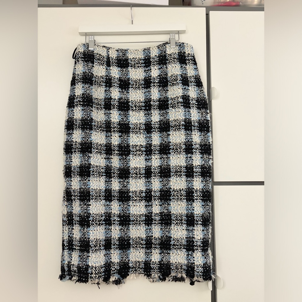 Alexander McQueen Black, White & Light Blue Plaid Tweed Pencil Skirt